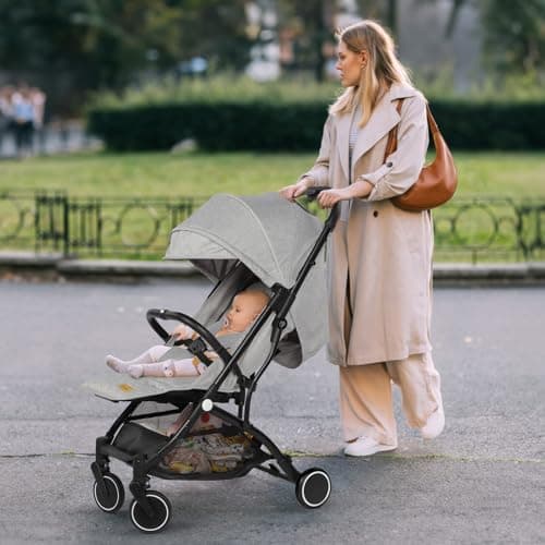 Baby Stroller Pushchair, One-Hand Foldable Compact Travel Stroller Buggy with Rain Cover&Mosquito Net, Lightweight Baby Pram with 5-Point Harness, Adjustable Seat and Large Basket, 0-15KG, Light Grey — view 2