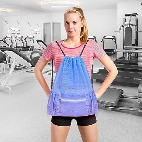 Mesh Drawstring Bag with Zipper Pocket, Beach Bag for Swimming Gear Backpack Gym Storage Bag for Adult Kids — view 4