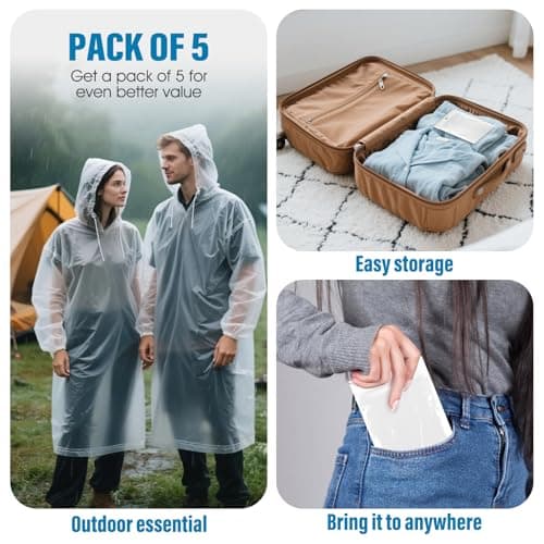 Chyaya 5 Pack Waterproof Poncho Adult, Emergency Portable Raincoat, Clear Rain Poncho with Sleeves & Hood, Reusable Rain Poncho Waterproof for Hiking Cycling Camping Travelling Festival — view 5