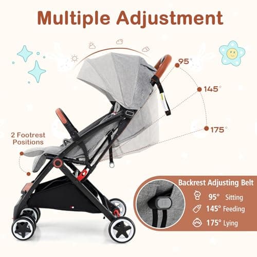 Foldable Baby Pushchair, Lightweight Toddler Travel Stroller for Airplane, Infant Pram with 5-Point Harness, Adjustable Backrest Footrest Canopy, Storage Basket (Grey) — view 3