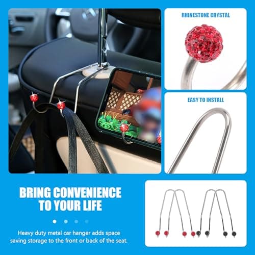 SHINEOFI 4pcs Car Storage Hooks Stainless Steel Car Seat Back Headrest Hangers for Handbag Umbrella Rhinestone — view 4