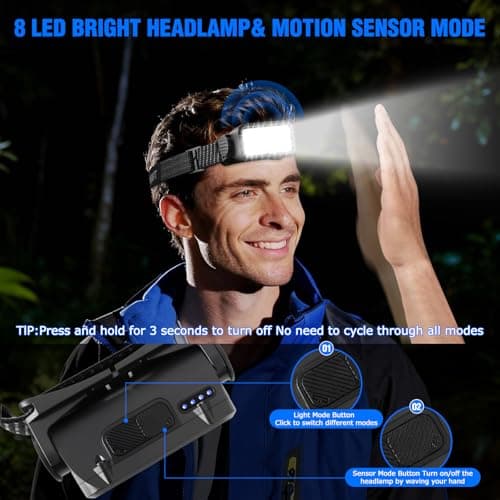 VZZNN 6 Pack Rechargeable Headlamp Flashlight, 8 LED 2500 Lumen Ultra-Light Bright Headlight with Motion Sensor, Waterproof Lightweight Head Lamp for Adult — view 2