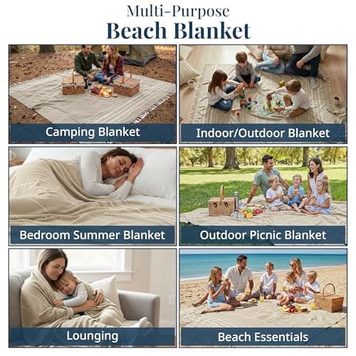 LANE LINEN Giant XL Turkish Beach Towel Blanket – 208x208 cm Extra Large Cotton Sand-Free Quick Dry Towel – Perfect for Beach, Camping, Travel, Picnic, Outdoor Adventures - Beige — view 6