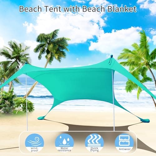CUUPO 7×7 FT Beach Tent Sun Shelter UPF50+ UV Protection, Outdoor Small Canopy Tent Sun Shade with 2 Poles for Camping, Beach, Fishing, Backyard and Picnics Turquoise — view 2