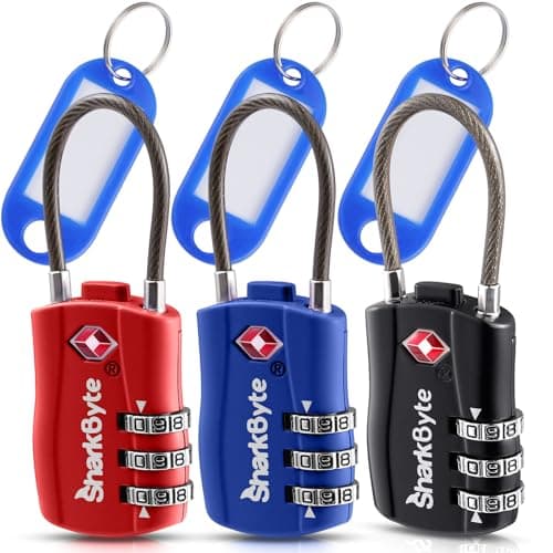 SharkByte TSA Approved Luggage Locks - 3-Dial Security Travel Combination Padlocks with Tags, Flexible Cable Wire Travel Locks for Suitcases, Gym Bags & Small Suitcases (3 Pack)