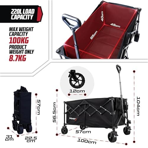 MoverX 220L Festival Trolley on Wheels, Folding Wagon, Portable Camping Cart, Collapsible Foldable Trolly for Beach Outdoor Garden Picnic Shopping Fishing, Wide Wheels, Adjustable Handle, Black — view 3
