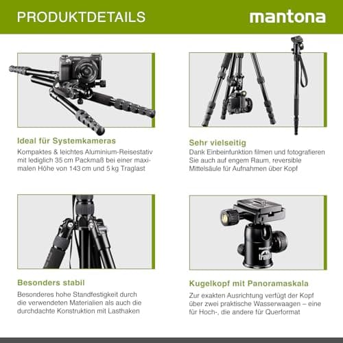 Mantona DSLM travel tripod (incl. ball head, load-bearing capacity of up to 5 kg, rotatable centre column, compact dimensions, tripod holder) for system cameras, DSLRs and compact cameras — view 3