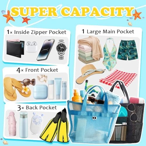 QWEPU Mesh Beach Bags, 2PCS Lightweight Large Pool Beach Tote Bag, Portable Mesh Beach Tote Bag Mesh Sand Bag Mesh Beach Bag Suitable for Pool, Beach, Travel (Blue+Black) — view 6