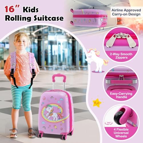 HOMFME 5PCS Kids Luggage Set, 16 Inch Children Suitcase and 13 Inch Backpack Set with Neck Pillow, Lunch Bag, Name Tag, Hard Shell Toddler Trolley Suitcase for Boys Girls (Unicorn, Pink) — view 4