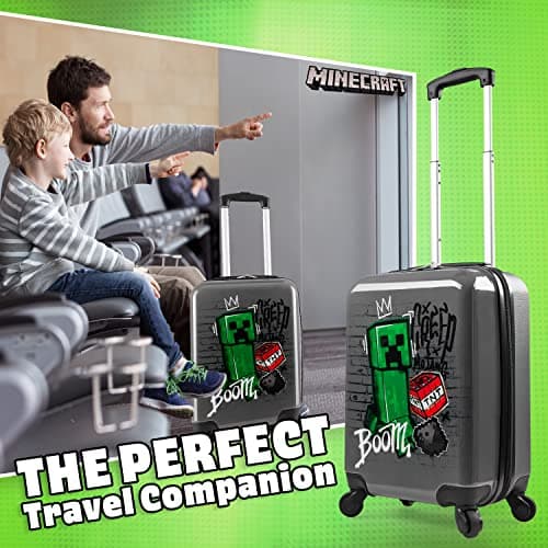 Minecraft Suitcase Kids Teens Creeper Hard Shell Luggage Travel Case 4 Wheels Handle Travel Essentials Holiday School Trips (Grey, S/L49cm x W33cm - 30L) — view 2