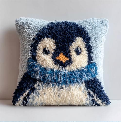Taxpy Latch Hook Pillow Case Kits,Animal Penguin with Neck Gaiter 17X17Inch 3D DIY Latch Hook Cushion Cover Kit,Knitting Kits Cushion for Adults and Beginners Rug Making Kit for Starters