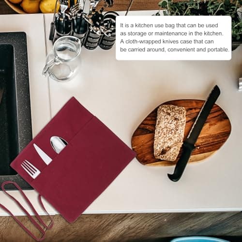 Generic Cutlery Storage Bag Portable Kitchen Utensil Wrap Lightweight Linen Knife Roll Case for Outdoor Camping Hiking 9.8X8.7X0.3 Inches Random Color — view 4