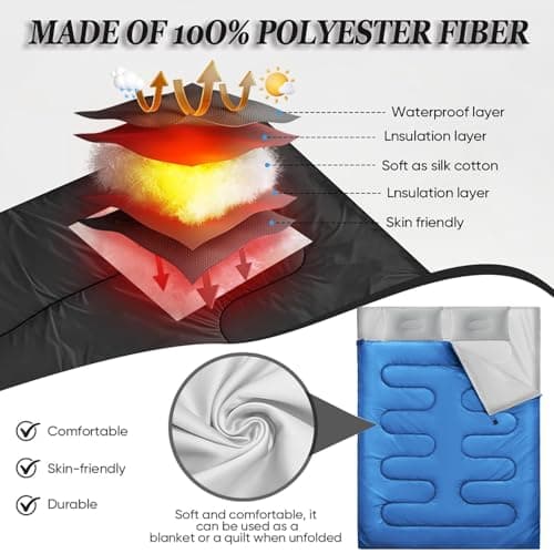 Sleeping Bag, Double Sleeping Bag with 2 Pillows Extra Large 3-4 Season Lightweight, Waterproof Indoor & Outdoor Use for Adults for Hiking, Backpacking and Camping Travel (Blue Double) — view 4