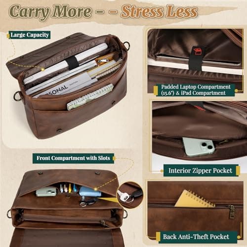 RAINSMORE Vintage Messenger Bag Men PU Vegan Leather Laptop Bag for Men 15.6 Inch Retro Mens Briefcase Waterproof Satchel Computer Bag for Work College Office Travel — view 3