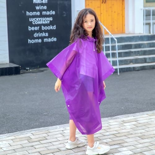 flintronic 2 Pack Kids Waterproof Rain Poncho, Kids Portable Raincoat Rain, Reusable EVA Raincoat for Girls Boys, Lightweight Rainwear Children with Hood and Buttons, for School Outdoor Travel Hiking — view 3