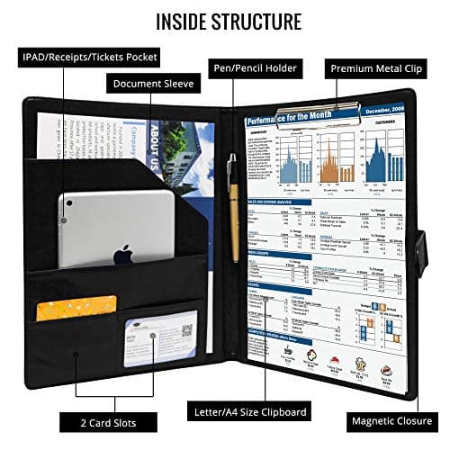 GraduatePro A4 Clipboard Folder with Storage Leather Waterproof Magnetic Conference Presenter Document Business Organizer Sleeves Black — view 4