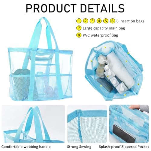 WSXQAZ Mesh Beach Bag for Men and Women, Lightweight Large Tote Bag, Beach Tote Bagg, Pool Bags, Foldable Waterproof and Sandproof Mesh Handbag For Gym School Shopping Travel Daily Use — view 5