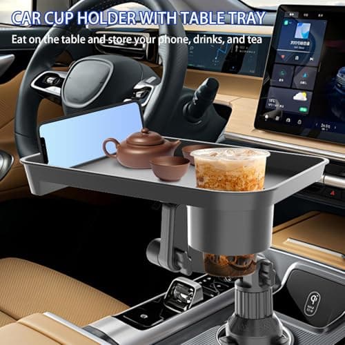 Car Cupholder Tray, 360° Rotating Car Cup Holder Tray Table with Shockproof Base for Road Trip Lunch Eating, Adjustable Drink and Snack Organizer for Drivers Taxi Passengers Vehicles 600g — view 3