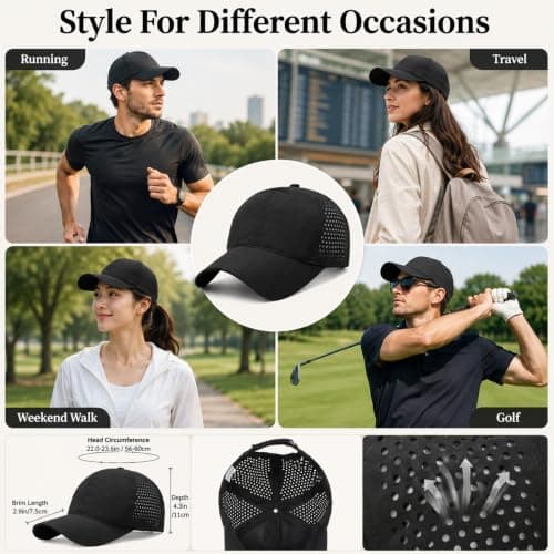 WHJYCC Black 56-60 cm Waterproof Baseball Cap - Adjustable Unisex Quick-Dry Breathable Mesh Hat with Ponytail Opening, Lightweight Foldable Sun Rain Protection for Hiking, Fishing and Travel (Black) — view 6