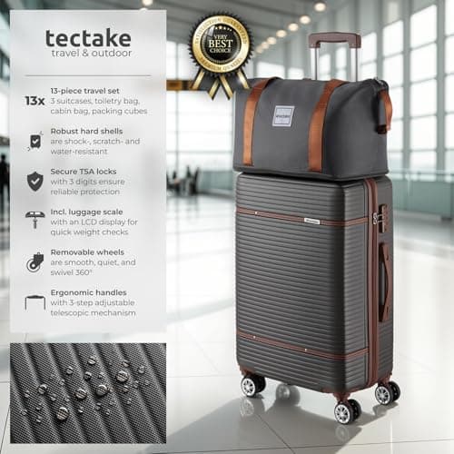tectake® 13-Piece Suitcase Set, ABS Hard-Shell Luggage Set with Telescopic Handles, TSA Locks, 360° Wheels, Incl. M, L & XL Suitcase, Expandable Travel Bag, Toiletry Bag & 8 Packing Cubes - Anthracite — view 2