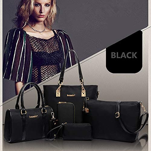 AlwaySky Nylon Women's Shoulder Bag 6 PCS Top-Handle Handbag Tote Purse Wallet Key Case Set (Black) — view 2