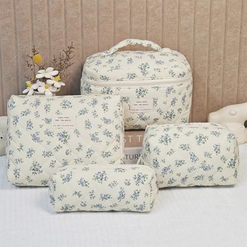 Aucuu 3PCS Coquette Makeup Bag, Quilted Makeup Bag for Women, Floral Cotton Cosmetic Bag Set, Large Capacity Aesthetic Floral Toiletry Bag, Travel Toiletry Bag, Wash Organizer Pouch for Women Girls — view 5