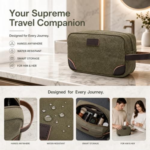 Unisex Canvas Toiletry Bag Travel Wash Bag for Men and Women, Water-Resistant Makeup Bag Shower Bag for Travel Essentials and Holiday Accessories, Army Green — view 6