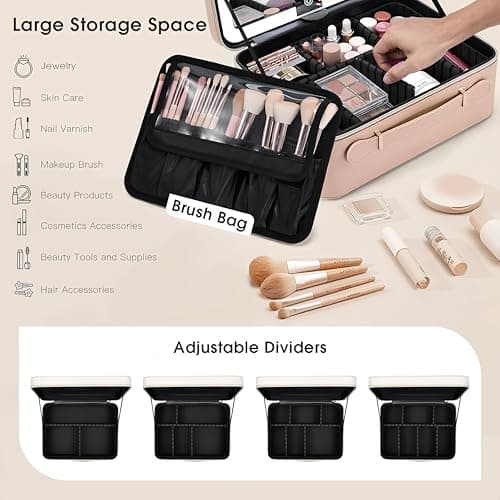 Makeup Case with LED Mirror Vanity Case Removable Light Up Mirror PU Leather Portable Makeup Artist Carry Vanity Box with Dividers Makeup Brush Holder, Champagne Gold — view 5