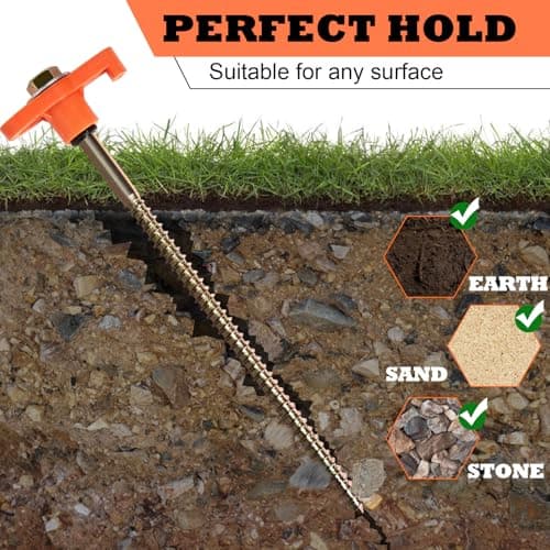 OFFOF 12 Pack Heavy Duty Metal Tent Pegs – Rotating Rock Pegs with Thread, Ground Anchors for Camping, Includes Drill Adapter & Nail Puller, Durable Steel Stakes for Garden, Canopies & Outdoor(orange) — view 2