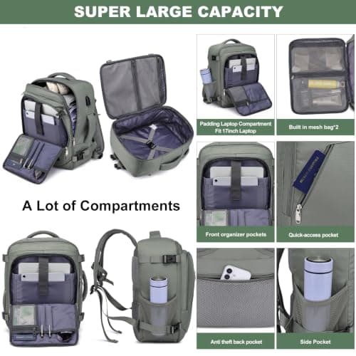 Cabin Bags 40x30x20 for Ryanair Wizz Air Underseat 24L Small Travel Backpack for Women Cabin Size Rucksack for Plane Hand Luggage Backpack Flight Bag Ryan Air Cabin Bag with USB Charging Port-Green — view 4