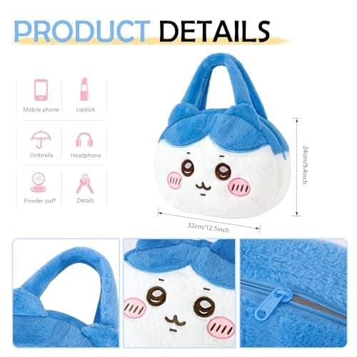Roffatide Lovely Hachiware Plush Handbag Cartoon Lightweight Mini Tote Bag Women's Accessory for Work Travel Daily Use for Girls Gift for Christmas New Year Blue — view 3