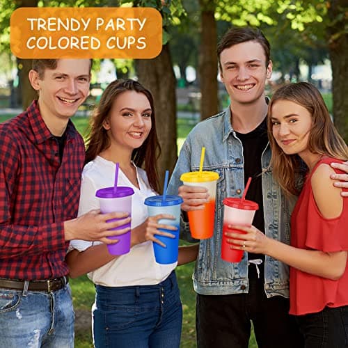 AUAUY Reusable Color Changing Cup, 6 Pack BPA Free Plastic Tumbler Set, 24oz Travel Iced Coffee Mug Tumbler with Straw Lid, Smoothie Milkshake Bottle Magic Cold Drink Water Cups for Party Kid Aldult — view 6
