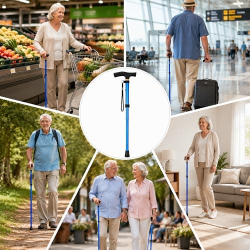 foldable walking stick adjustable collapsible walking stick lightweight aluminium cane blue folding walking stick for men women disabled mobility aids portable travel walkig cane With Wrist Strap — view 3