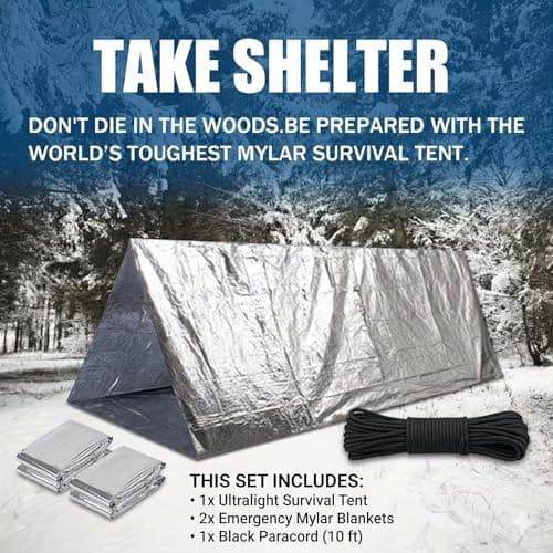 Emergency Shelter Tent & Survival Kit | Waterproof Thermal Mylar Tent + 2 Emergency Blankets & Extra Paracord | Reflective SOS Survival Gear for Hiking, Camping, Outdoors & First Aid — view 5