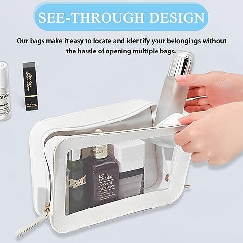 Clear Transparent Toiletry Bag - Waterproof PVC Zippered Cosmetic Wash Bag for Women & Men - Large Vegan Leather (White) — view 4