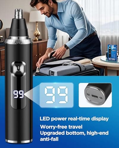 Nose Hair Trimmer for Men,3 in 1 USB Nose Trimmer with LED Display,Painless Dual Edge Blades Nasal Hair Trimmers for Men,Eyebrow Razor Scissors,Ear Facial Hair Remover,IPX7 Waterproof,Easy Cleansing — view 3