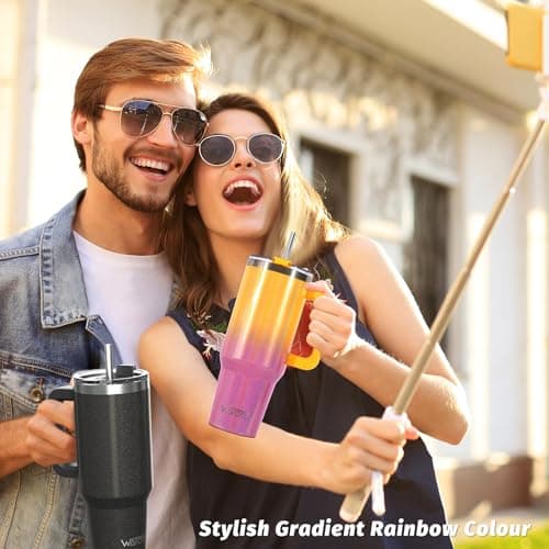 WATERSY Travel Mug Coffee Cup 30oz Tumbler Straw Lid and Handle, Stainless Steel Double Wall Vacuum Insulated Coffee Water Bottle Thermal for Cold Hot Coffee 891ml Shiny Yellow — view 3