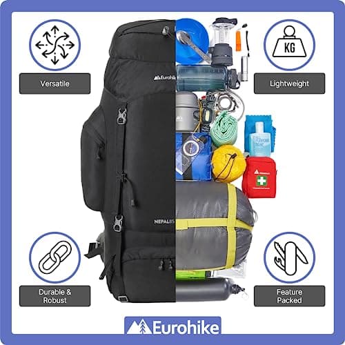 Eurohike Nepal 85 Litre Rucksack with Ventilated Back Panel & Padded Harness, 85L Backpack, Bag for Men & Women, Adjustable, Lightweight, Camping, Hiking, Trekking, Travelling, Outdoor, Black — view 3
