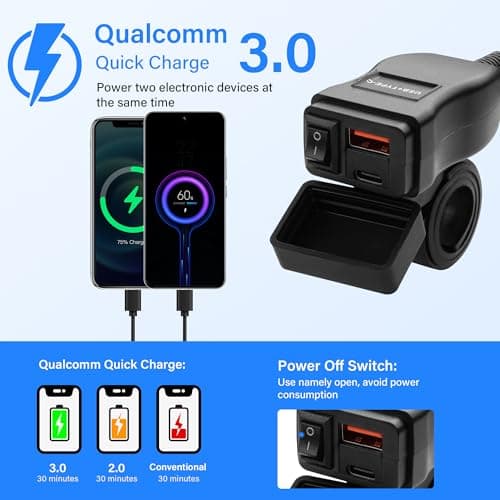 PNGKNYOCN Motorcycle USB Charger, 30W USB Type C PD & USB 3.0 Quick Charge Motorcycle Waterproof Charger Port to U-Shaped Terminal for Phone, Tablet, GPS(1.2M) — view 3