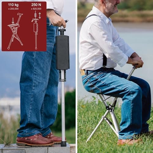 STEP2GOLD Ta-Da Chair - Walking Stick with Seat, Ultra-Light Aluminium Frame & Sturdy Foldable Stool (up to 110kg), Collapsable Folding Design, Ideal for Travel & Sightseeing - Red, 85 cm — view 2