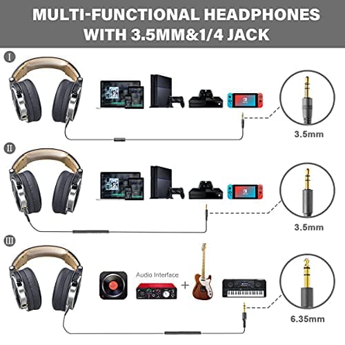 OneOdio Over Ear Headphone Studio Wired Bass Headsets with 50mm Driver, Foldable Lightweight Headphones with Shareport and Mic for DJ Recording Monitoring Mixing Podcast Guitar PC TV (Grey) — view 2