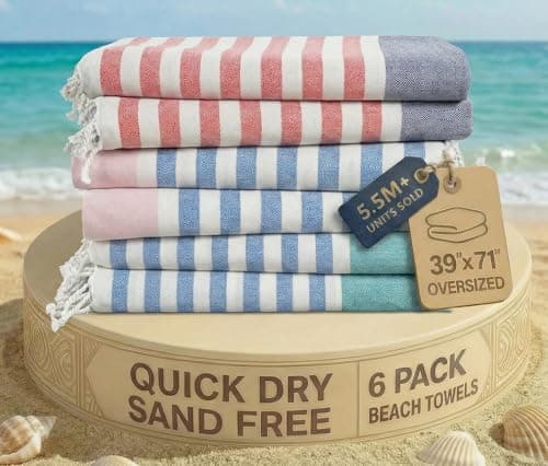 LANE LINEN Beach Towels 6 Pack, Cotton Rich Turkish Towels Oversized, Pool Towels For Adults, Pre-Washed, Sand Free Towel, Fast Drying Beach Essentials 39"x71" - Multi Stripe