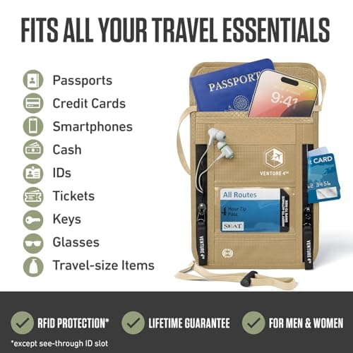 Passport Holder Neck Pouch With RFID Blocking – Hidden Neck Wallet (Beige) — view 2