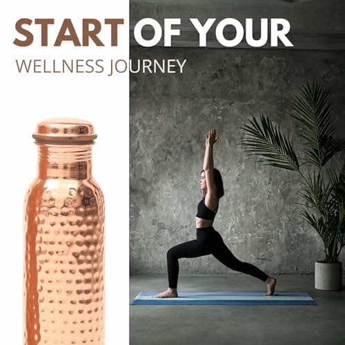 AVA DESIGNZ Hand Hammered Pure Copper Water Bottle 950ml – Ayurvedic Leakproof Sports Water Bottle | BPA Free Large Water Bottle for Yoga Travel Office Canvas Bag with Pocket & Card Holder, Brush Set — view 2