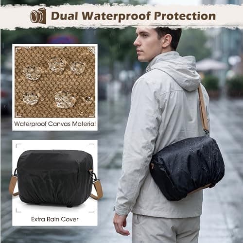 RAINSMORE Vintage Camera Sling Bag, Waterproof Canvas DSLR Mirrorless Crossbody Bag with 10mm Shockproof Padding, Rain Cover & Tripod Holder, Photography Shoulder Messenger Bag for Men Women Khaki — view 5