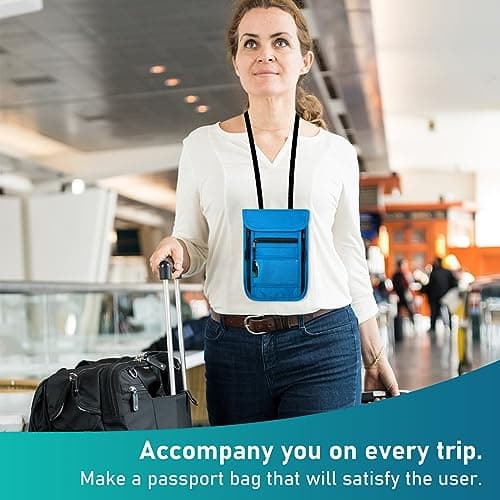 sundee Travel Neck Wallet with Double Zippers, RFID Blocking Passport Holder with Adjustable Neck Strap for Men and Women to Keep Cash, Credit Cards and Travel Documents Safe, Lake Blue, Small, — view 4