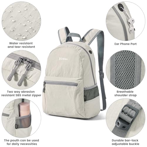 G4Free 20L Foldable Backpack Lightweight, Small Waterproof Backpacks Rucksack for Women Men, Nylon Daypack for Walking Hiking Travelling, Beige — view 5