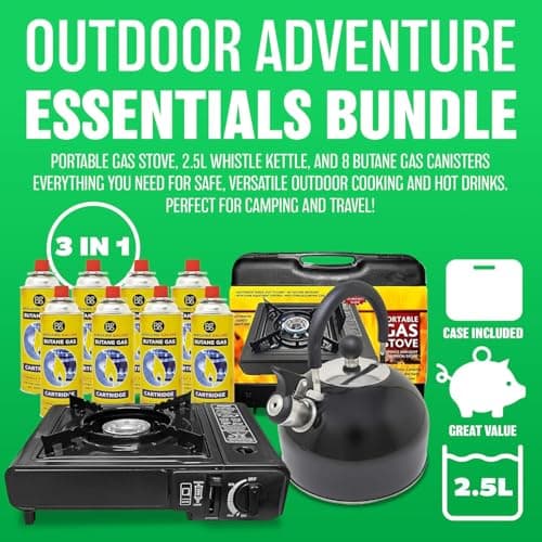 3 in 1 Camping Starter Kit - Includes Gas Stove, 8 Gas Bottles & 2.5L Kettle | Premium Burner, Automatic Ignition & Heat Control | Suitable for Fishing, Camping & Hiking | Lightweight, Essentials — view 3