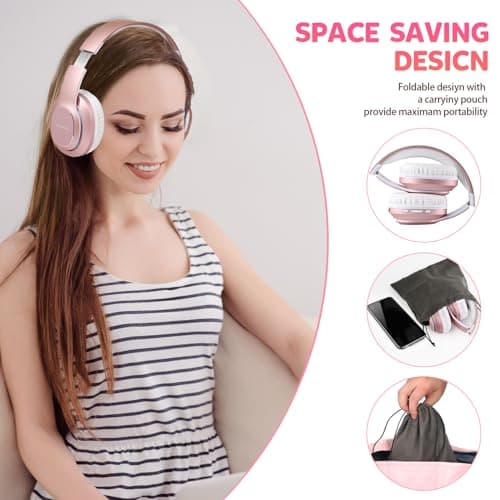 WorWoder Wireless Headphones Over Ear, 80 Hours Playtime Bluetooth Headphones, Hi-Fi Stereo Sound with Microphone, Lightweight Headset with Deep Bass for Travel Work PC Cellphone (Rose Gold) — view 5