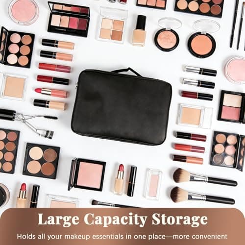 Makeup Bag Extra Large Travel Make Up Bag with Adjustable Compartment Professional Vanity Case Cosmetic Bags Makeup Organiser Bag Beauty Box Train Case Hairdressing Tools and Shoulder Strap, Black — view 3
